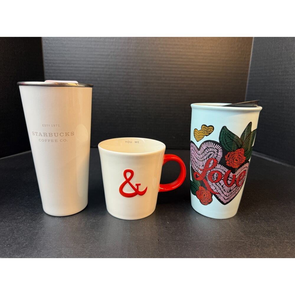 Starbucks (x3) Mugs Cups Love & Coffee 12 fl. oz. (2 Ceramic) 16 fl. oz (Metal)
